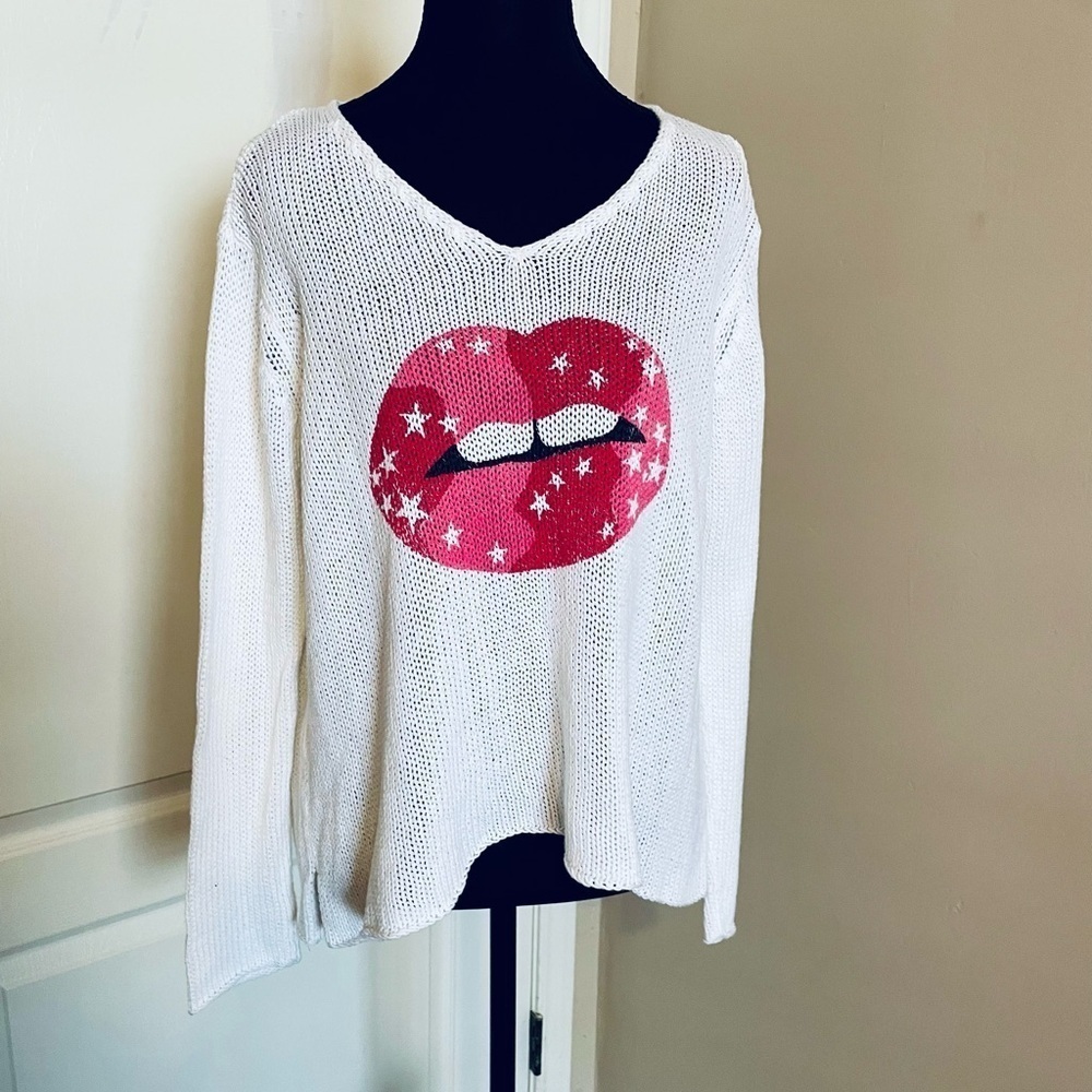 Wooden Ships Open Knit Lips Sweater White Red Size Small/Medium Artsy Punk Retro - Picture 5 of 8